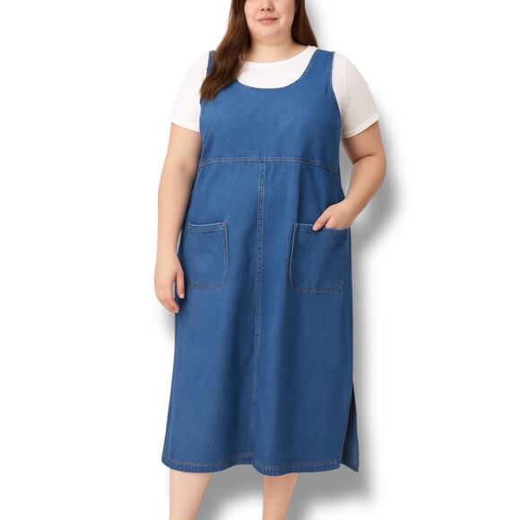 Vintage 90s Boston Classics Denim Jumper Dress Plus Size 16W Blue Jean Pocket - Picture 1 of 11